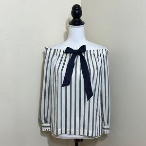 NWOT J.Crew Mercantile || woman’s Off-shoulder striped blue top with bow size Xs